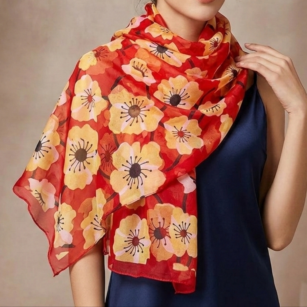 NWT Vibrant Red & Yellow Floral Chiffon Scarf Shawl 63" × 20"